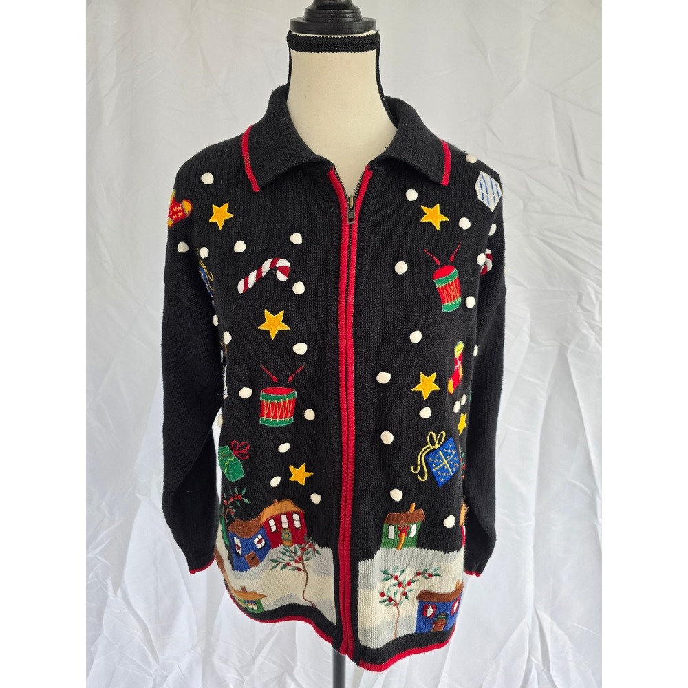 Tiara International Black Holiday Sweater Jacket‎ Women's M Christmas Scene Zip